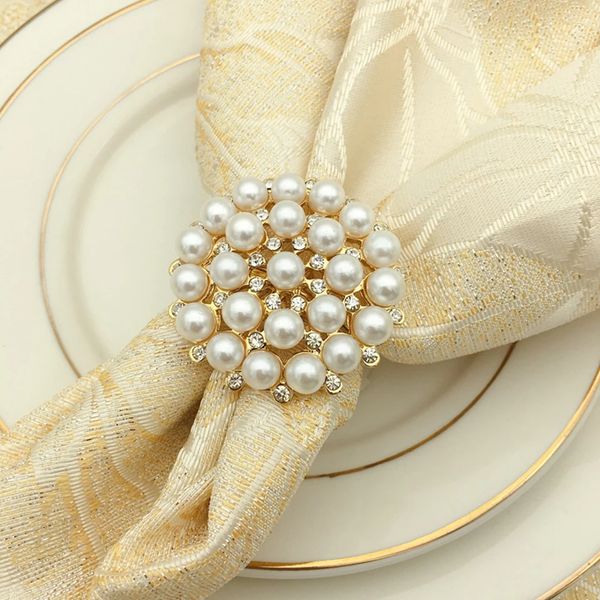 Or plaqué diamant perle fleur rond de serviette boucle de serviette décoration de bureau pour la table de dîner