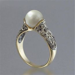 Anillo de joyería de mujer de moda chapado en oro, anillo de perlas blancas artificiales para todo y al por menor, tamaño de EE. UU. 5-12275e