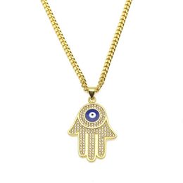 Pendentif main de Fatima plaqué or, cristal CZ, matériau en cuivre, porte-bonheur, chaîne de collier bleu palmier pour femmes, bijoux 275a
