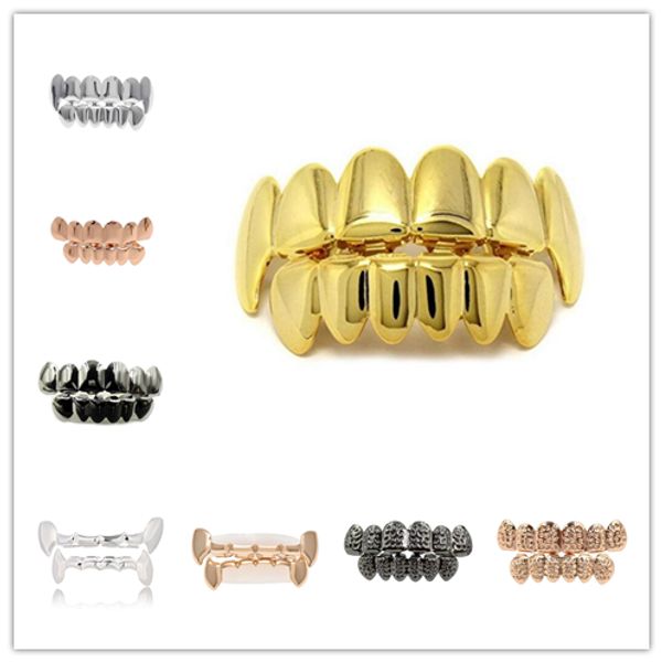 Chapado en oro Hip Hop Dientes Grillz 15 diseños Parte superior inferior Parrillas dentales Boca Punk Dientes Tapas Cosplay Fiesta Vampiro Parrillas Rapero Joyería Regalos