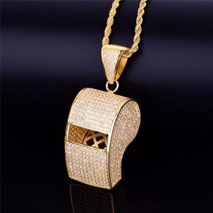 Vergulde Iced Out Bling CZ Fluitje Hanger Ketting met 24 inch Touw Ketting voor Mannen Vrouwen Leuk Gift2601