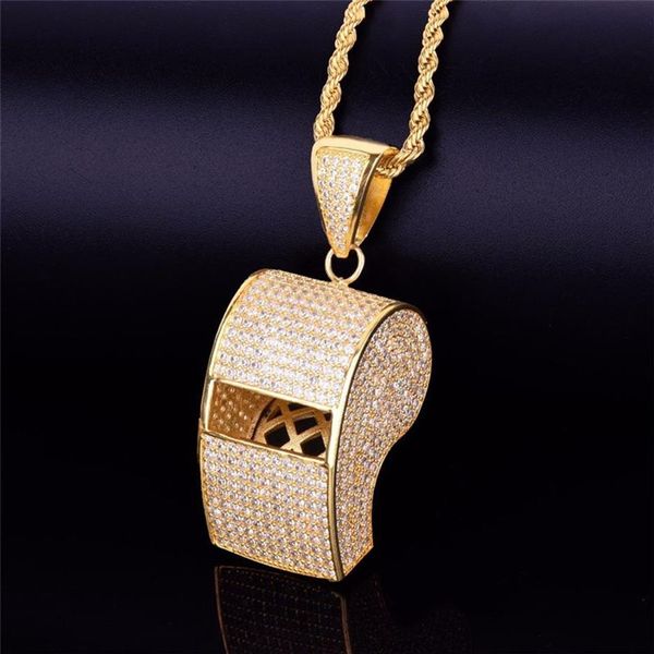 Gold plaqué glacé Out Bling CZ Whistle Pendant Collier avec chaîne de corde de 24 pouces pour hommes Femmes Nice Gift306