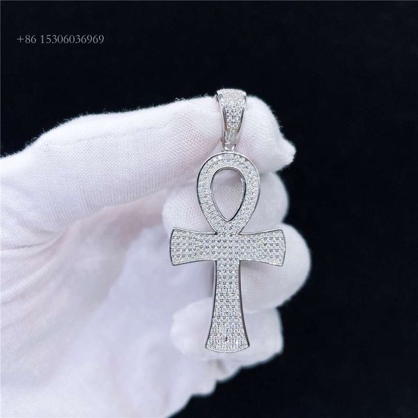 Joyería chapada en oro Sterling Sier VVS Diamond Mossinate Ankh Cross Mini colgante