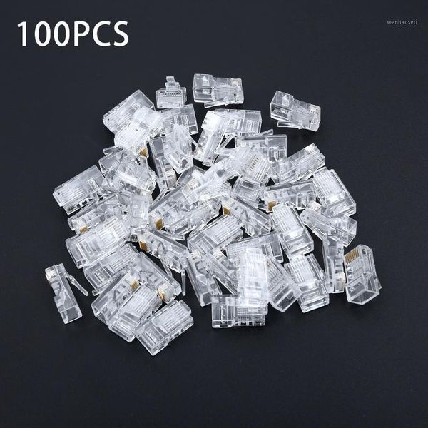 Enchufe modular chapado en oro 100 piezas RJ45 enchufe modular de red 8P8C CAT5e conector de cable extremo paso de cable a través del agujero cabezas de cristal1