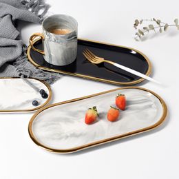 Vergulde ovale keramische marmeren dienblad voedsel fruit opslag sieraden hoofdbord dessertbord decoratie metalen feestbord servies Y1305D