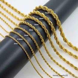 Chaîne de corde plaquée Gold Collier en acier inoxydable pour femmes Hommes Design de mode doré Chaînes de corde torsadés Hip Hop Bijoux Gift 2 3 4 5 6 7 mm 18-32 pouces Fondu
