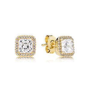 Gouden vergulde vierkante sprankeling Halo Stud -oorbellen voor Pandora Real Sterling Silver Wedding Sieraden voor vrouwen Vriendin Gift CZ Diamond Hip Hop Earring met originele doos