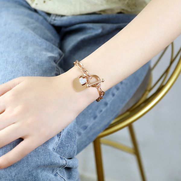 Bracelet à breloques en forme de cœur en acier inoxydable plaqué or, cadeau populaire pour femmes, fermoir OT, bijoux