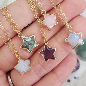 Gold plating edged vijf punt ster stenen ketting genezing kristallen energie druzy quartz hanger kettingen mode vrouwen mannen sieraden groothandel