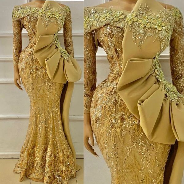 Vestidos de fiesta Aso Ebi dorados de talla grande, sirena con hombros descubiertos, manga larga, vestido de noche de encaje, vestidos de fiesta de cumpleaños, vestido de gala de segunda recepción para mujeres negras africanas AM147