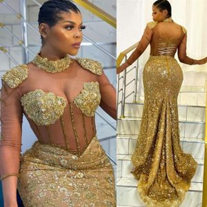 Goud Plus Size Zeemeermin Galajurken Lange mouwen Hoge hals Kristallen Kralen Kant Applique Op maat gemaakte avondjurk Formele gelegenheidskleding Vestidos