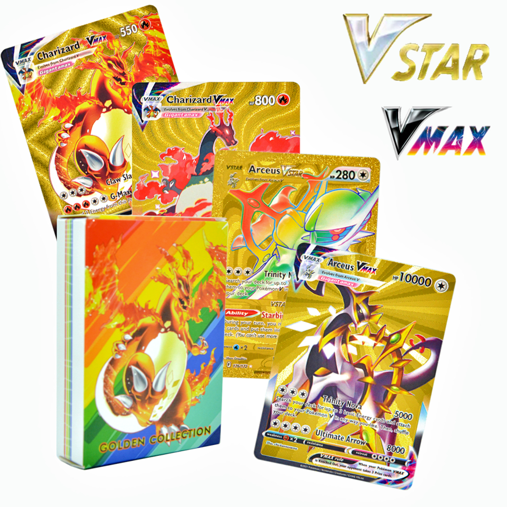 Gold Pokemon Game Cards Vstar VMAX GX EX DX Sällsynta kort 55st Gold Foil Card Belanded TCG Deck Box