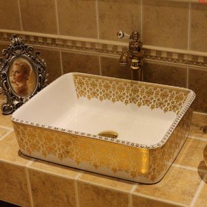 Évier de comptoir en céramique de salle de bains en porcelaine dorée Lavabo rectangulaire populaire en europe art coloré main sinkgood qté Wvrvu