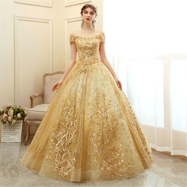Robes de Quinceanera gonflées dorées princesse épaules dénudées robe de bal en cristal à lacets grande taille douce 15 16 longue fête de bal d'anniversaire robes De 15 ans