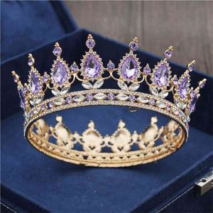 Goud Paars Queen King Bruids Crown voor Dames Hoofdtooi Prom Pageant Bruiloft Tiara's en Crowns Hair Sieraden Accessoires 210707