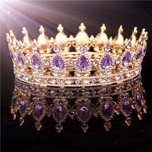 Goud Paars Koningin Koning Bruidskroon Voor Vrouwen Hoofdtooi Prom Pageant Bruiloft Tiara's En Kronen Haar Sieraden Accessoires Y1130325E