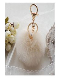 Gold Rabbit Furball Pompom Keybchain Fur Key Rings Porte Clef Llaveros Pearl Keychain voor Bag Charm Navidad Regalos2139547