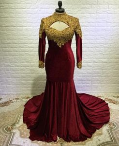 Goud Red Long Mermaid Prom Dresses lange mouw hoge nek fluwelen formele avondjurken Major Beading Custom Made325214444