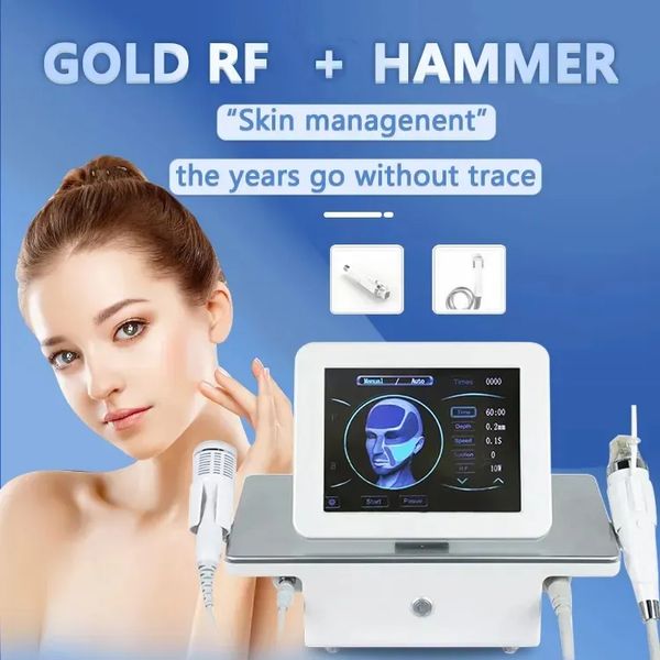 Gold RF + Hammer 2 en 1, antienvejecimiento, eliminación de cicatrices, dispositivo de belleza para reducir los poros, múltiples cabezales de microagujas intercambiables