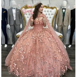 Or Rose 3D Fleurs Paillettes Cristal Robe De Bal Quinceanera Robe avec Cape Appliques Perles Gland Corset Robes De XV Anos