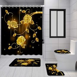 Juego de baño negro de rosa dorado cortina de ducha de lujo con alfombra de alfombra de baño para accesorios de decoración de inodoro juego de cortina de ducha 4pcs