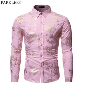 Camisa rosa con estampado de rosas doradas para hombre, camisas de vestir de manga larga ajustadas con estilo para hombre, camisa social para fiesta, boda, Club, Chemise Homme 210628