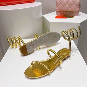 Sandales dorées Mode Talon plat Chaussures de luxe Designer Serpent Enveloppé Rene Caovilla Femmes Combinaison de sangle sexy 1,5 cm Véritable Sandale en cuir véritable