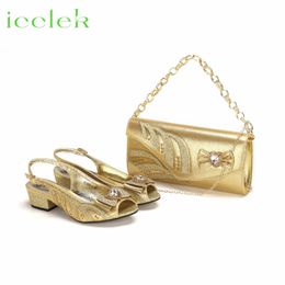 Gouden Sandalen voor Dames Luxe Comfortabele Pumps Lage Hakken Strass Ontwerp Bruiloft Schoenen en Tassen Set 240130