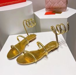 Sandales en or Designer de luxe René Caovilla Stiletto talons pour femmes chaussures cristal ramines à pied plissées 10 cm sandale de bande étroite à talons hauts 35-43 avec sac de boîte 0068