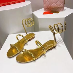 Sandalias de oro Diseñador de lujo Rene Caovilla Stiletto Heel Zapatos para mujer Rango de piso de diez dianosillo de diario de piso de 10 cm de banda estrecha de 10 cm 35-43 con bolsa de caja 0068