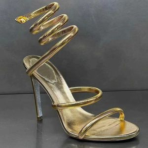 Sandales dorées Designer de luxe rene caovilla Talon aiguille chaussures pour femmes Cristal Strass twining anneau de pied 10CM talon haut bande étroite Sandale 35-43 withH