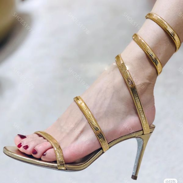 Sandalias doradas Zapatos de diseñador René Caovilla Tacones de aguja para mujer Anillo de pie entrelazado con diamantes de imitación de cristal Banda estrecha de tacón alto de 10 cm Diseñadores Sandalia 35-43 con caja