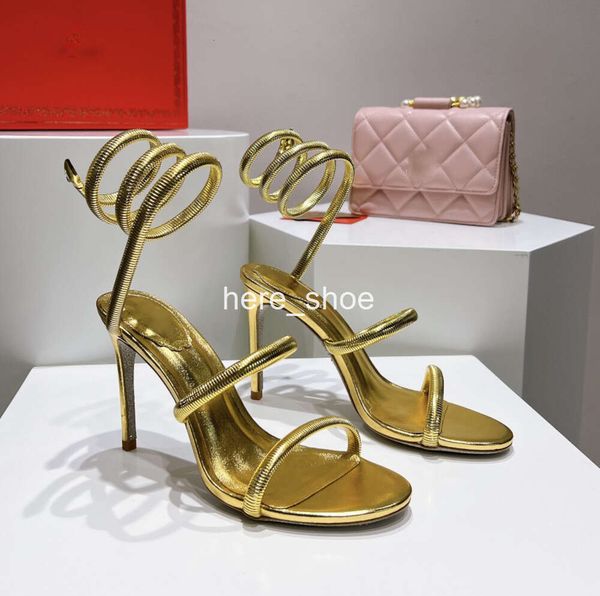 Sandales d'or Designer de luxe talon aiguille chaussures pour femmes cristal strass anneau de pied torsadé 10CM bande étroite à talons hauts sandale 35-40