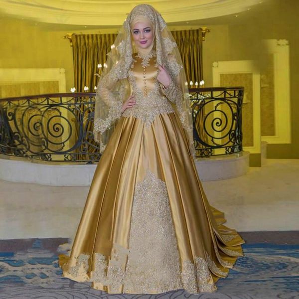 Satén dorado musulmán Una línea Hijab Vestidos de novia Vestidos de novia 2022 Botones Cuello alto Manga larga Árabe Islámico Tallas grandes Novia Vestido formal Vestidos de novia vintage