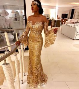 Gouden pailletten zeemeermin avondjurken met dichter lange mouw pure nek formele jurk goedkope prom jurk plus size3899986