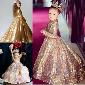 Robes de bal à paillettes dorées pour filles, robes de concours, bijoux, manches longues, robe de soirée formelle pour enfants, robes de demoiselle d'honneur pour mariages
