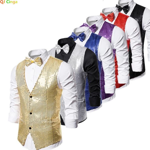 Chaleco de lentejuelas doradas para hombre, chaleco sin mangas con cuello en V y un solo pecho, chaleco para fiesta de boda, chaleco plateado, azul, morado y rojo 240104