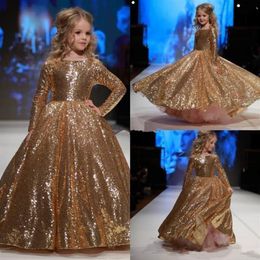 Goud Lovertjes Kleine Meisjes Pageant Jurken 2019 Sparkly Blingbling Lange Mouwen Kid Formele Kleding Baljurk Bloem Meisjes Jurken for274U