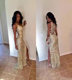 Gold pailled Long Mermaid Evening Party Robes 2019 Side Split Halter Robe de Soiree Black Girl Formal Robe Prom Black Girl4915963