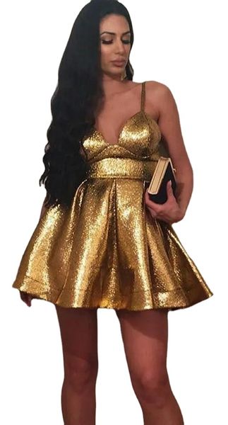 Vestidos de fiesta de satén con lentejuelas doradas, cortos, de talla grande, espagueti, escote corazón, espalda abierta, línea A, vestido de graduación, fiesta de graduación para jóvenes