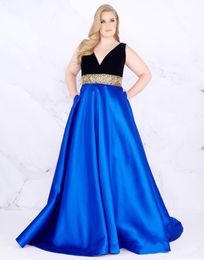 Gouden pailletten kralen plus size avond prom jurken met zakken diepe v-hals goedkope zwarte koninklijke blauwe plus size speciale gelegenheid jurken SD3430
