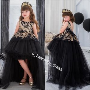 Paillettes d'or robe de demoiselle d'honneur avec train robe de bal noire Salut Lo petites filles Pagesnt robe robes formelles à plusieurs niveaux pour les enfants FG1295