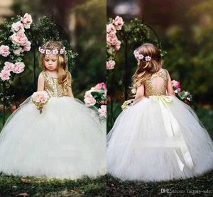 Paillettes d'or fille de fleur robes dentelle Pircess robe de bal longueur de plancher à plusieurs niveaux de tulle enfants filles robe première robe de communion mariage partie