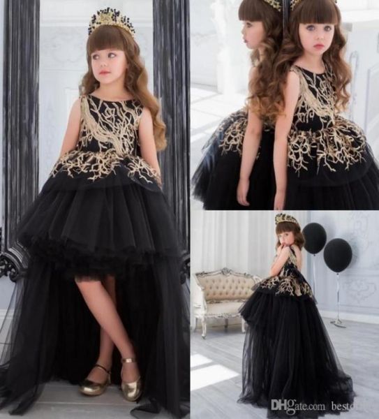 Robe de concours de fille de fleur de paillettes d'or avec train robe de bal noire Salut Lo petites filles robe de tout-petit robes de soirée à plusieurs niveaux pour les enfants9388178