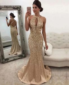 Gouden pailletten zeemeermin prom jurken elegante mouwloze sexy halter backless avondjurken vrouwen formele kleding vestidos de gala 240424