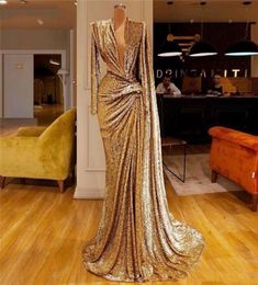 Robe de bal de forme sirène, paillettes dorées, décolleté en V profond, plis, manches longues, robe de soirée africaine, dubaï, 9067659