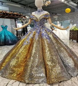 Gouden pailletten Vestidos de 15 aos quinceanera -jurken met puple kanten applique zoete 16 jurk van de schouderwedstrijdjurken