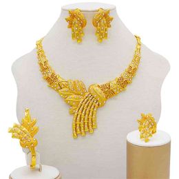 Conjuntos de oro, pendientes para mujer, accesorios nupciales indios africanos de Dubái, conjuntos de joyas de flores, collar