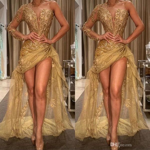 Goud Sexy Afrikaanse Prom Pageant Jurken Hoog Laag Kant Applicaties Een Schouder Avondjurk Sheer Lange Mouwen Formele Slijtage robes de so215k