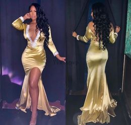Gold Sexy Deep V Neck Mermaid Prom Dresses Side Sitle Backless Sweep Train Appliques kralen Formele vrouwen Evening Party 3277935